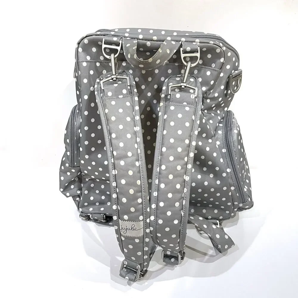 JuJuBe Nurtured Large Breast Pump Backpack Diaper Baby Bag Polka Dot Gray White